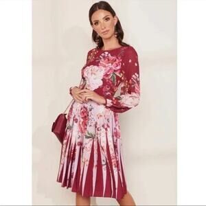 TED BAKER Esperan Serenity Contrast Floral Pleated Dress Maroon Size 8 chic boho